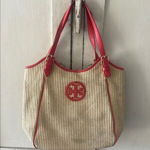 Tory Burch Tan and Red Woven Tote